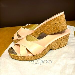 Lightly Worn Jimmy Choo Wedge Open Toe Sandal, Blush 37.5